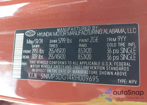 2024 Hyundai Santa Fe Hybrid Limited from USA, damaged, VIN 5NMP3DG14RH009695